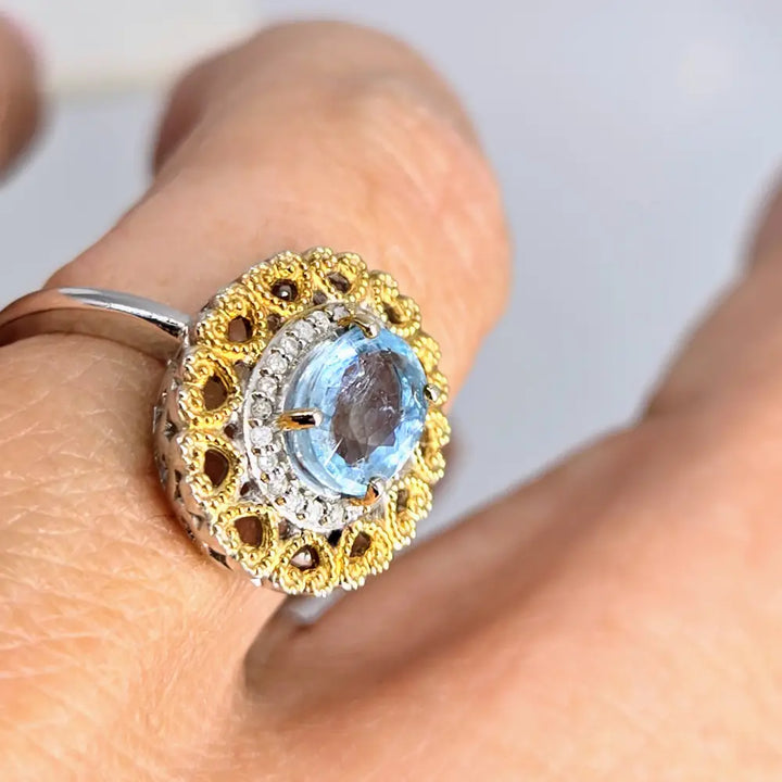 ?LOve Story’ Sz 7 Ring Caribbean Topaz Diamonds Anti-tarnish Sterling