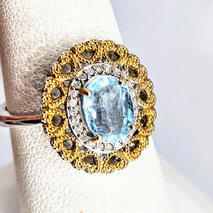 Love Story Sz 7 Ring Caribbean Topaz Diamonds Anti-tarnish Sterling