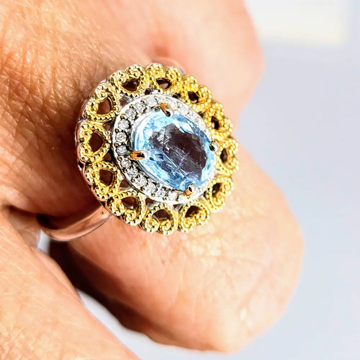 ?LOve Story’ Sz 7 Ring Caribbean Topaz Diamonds Anti-tarnish Sterling