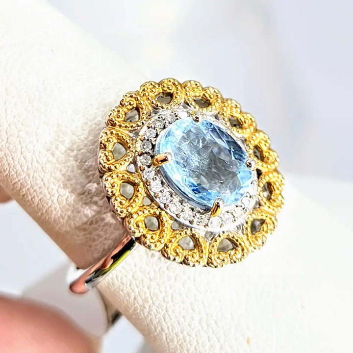 Love Story Sz 7 Ring Caribbean Topaz Diamonds Anti-tarnish Sterling