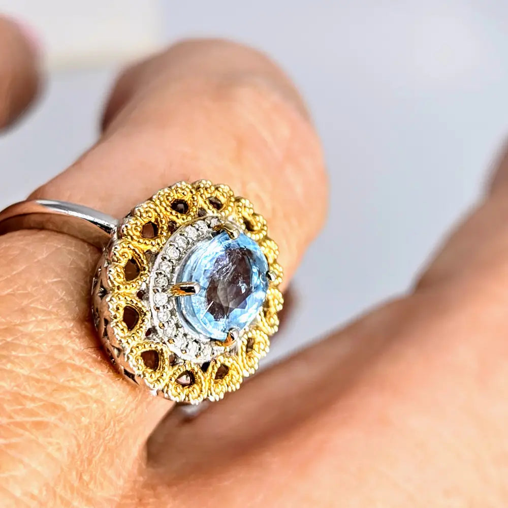 Love Story Sz 7 Ring Caribbean Topaz Diamonds Anti-tarnish Sterling