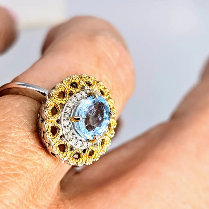 Love Story Sz 7 Ring Caribbean Topaz Diamonds Anti-tarnish Sterling