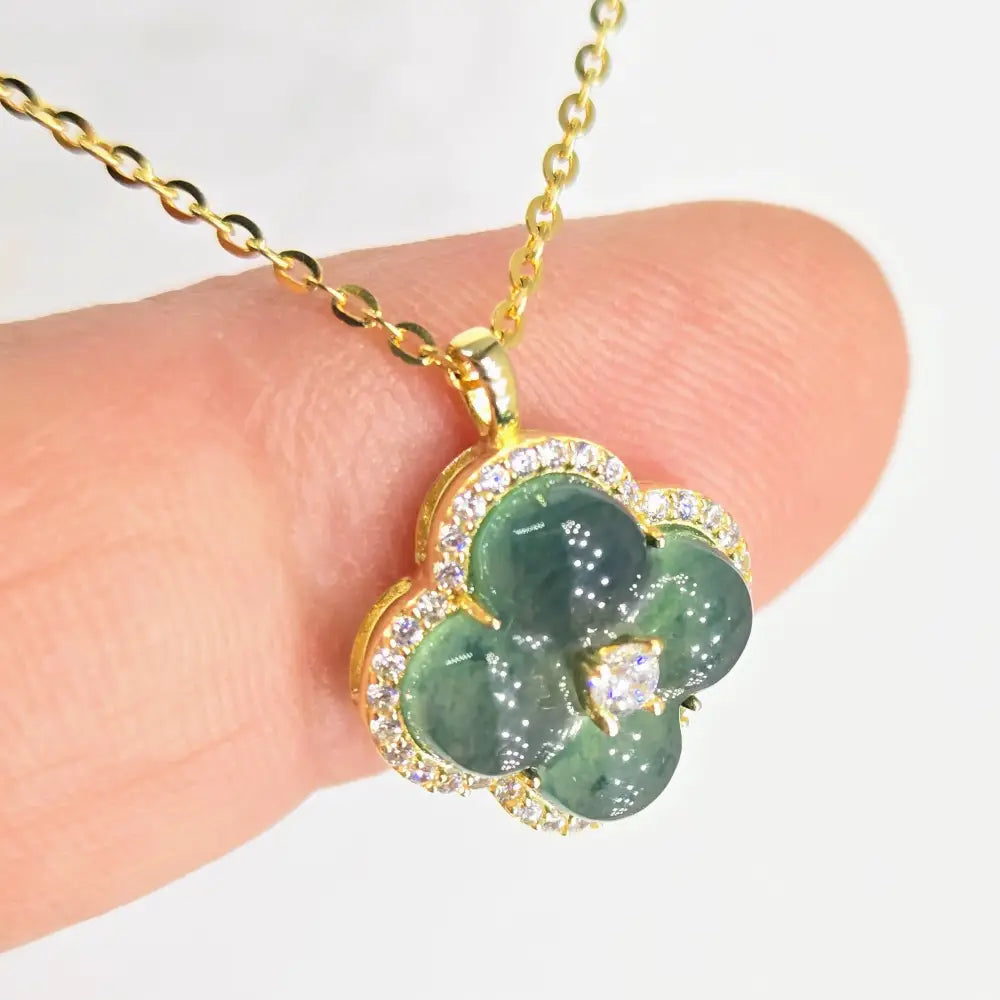 ?LUcky 4-leaf Clover’ - Pendant Necklace - Jade Zircon Anti-tarnish 18k Gold Sterling