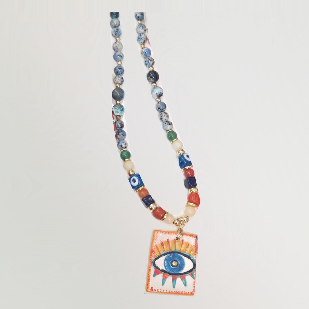 Lucky Charm - Blue Speckled Sunburst Evil Eye Necklace