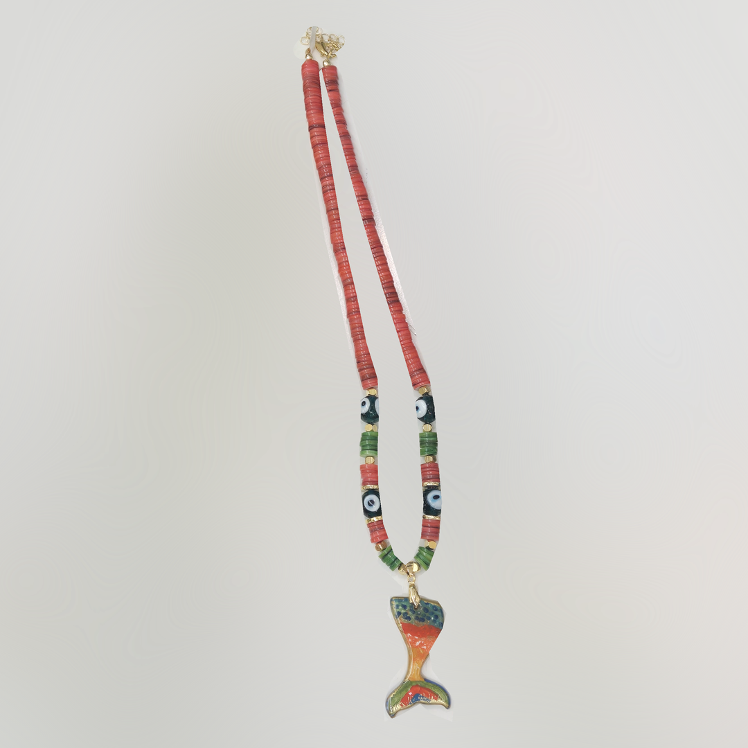 Lucky Charm - Coral Mermaid Evil Eye Necklace
