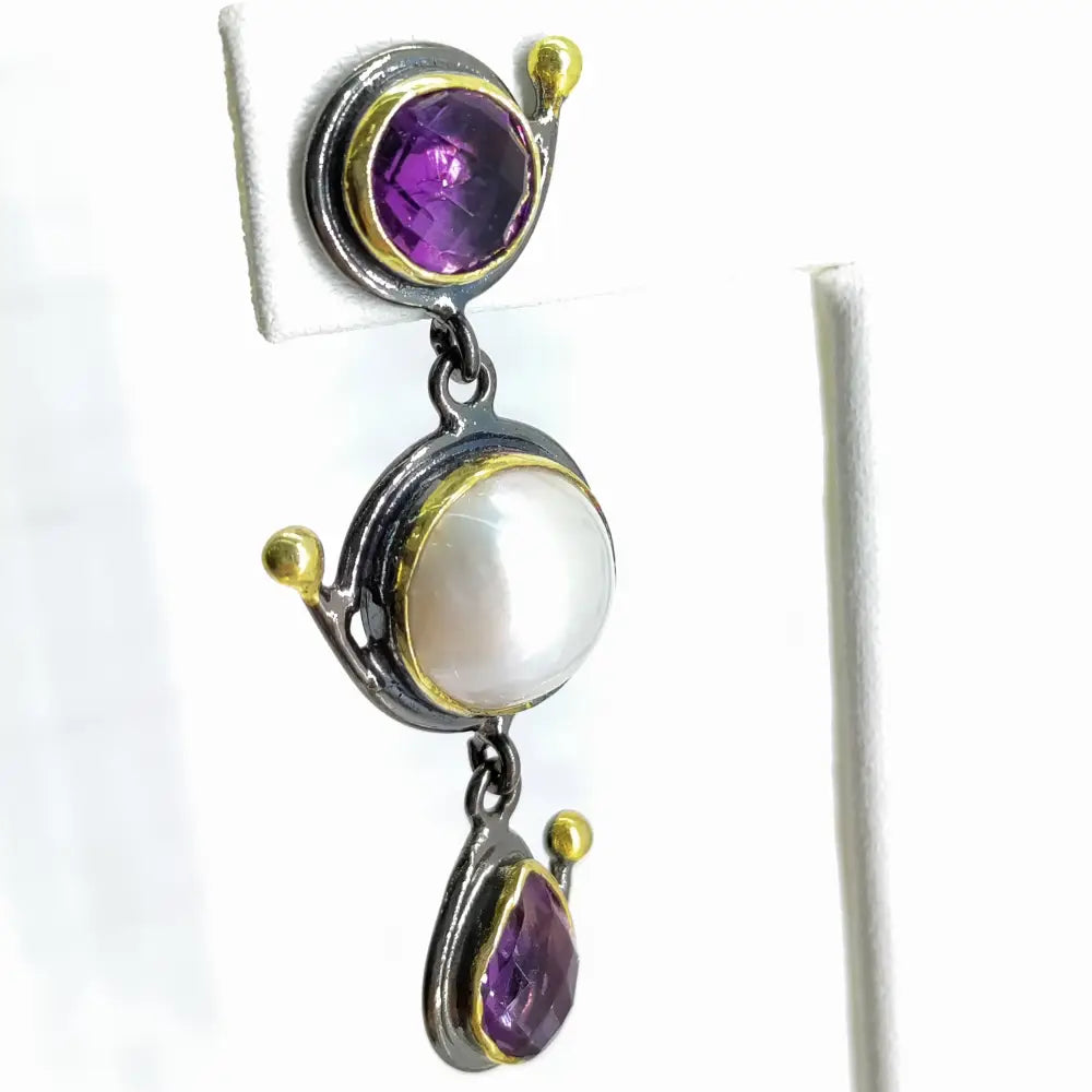 Outlet ?Mabe’ Today!’ 2’’ Earrings - Amethyst Mabe’ Pearl Black Sterling 18k Accents