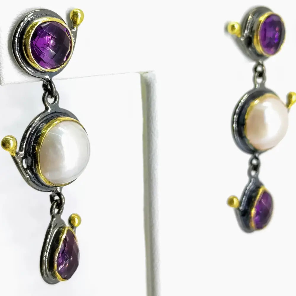Outlet ?Mabe’ Today!’ 2’’ Earrings - Amethyst Mabe’ Pearl Black Sterling 18k Accents