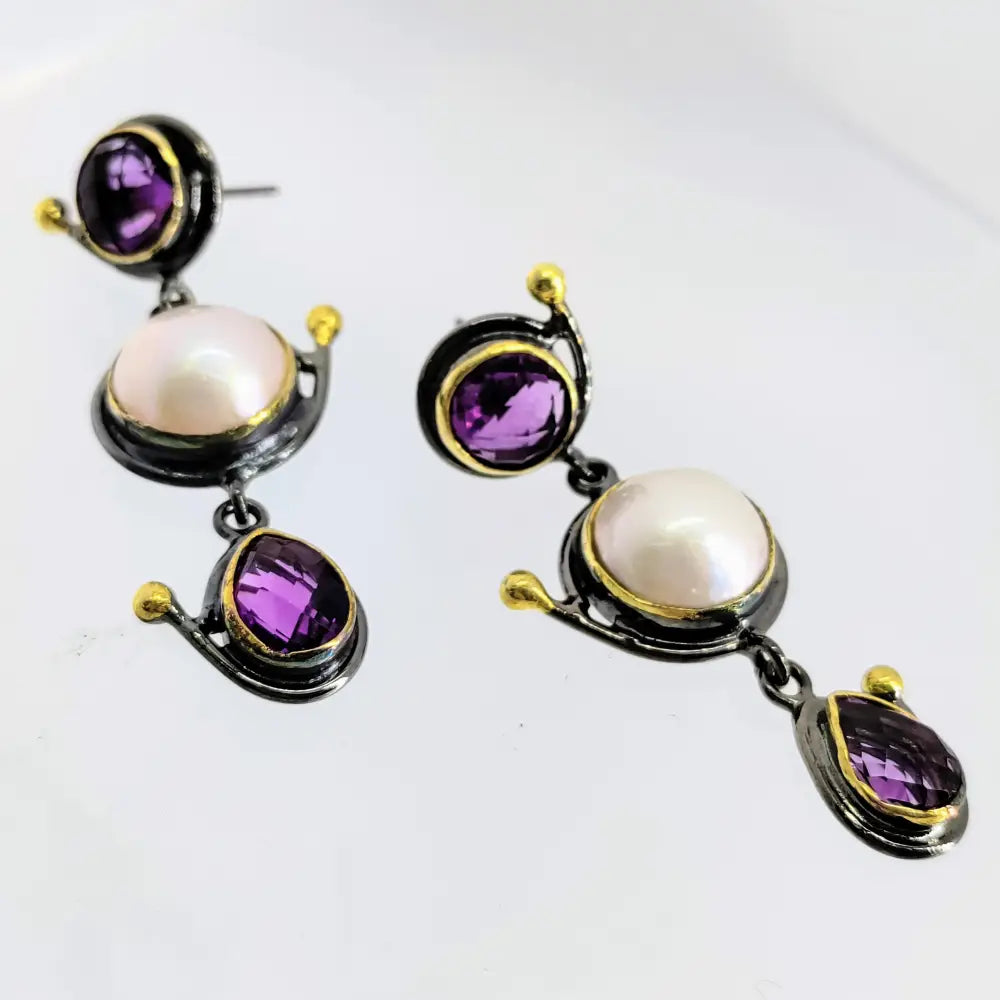 Outlet ?Mabe’ Today!’ 2’’ Earrings - Amethyst Mabe’ Pearl Black Sterling 18k Accents