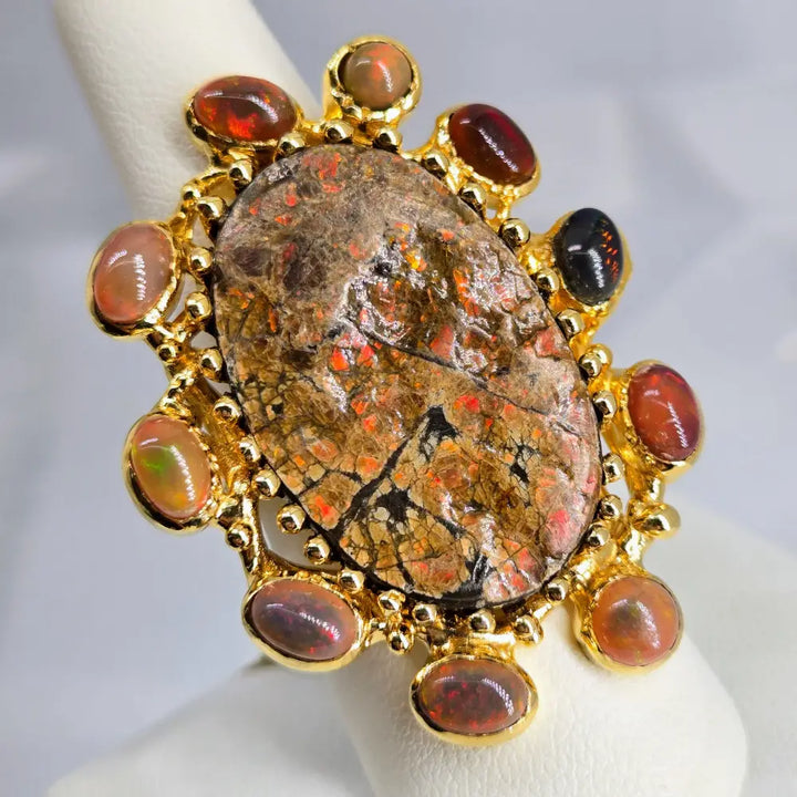 ?MAgic Dragon’ Sz 9 Ring - Opal Ammolite 18k Gold Sterling
