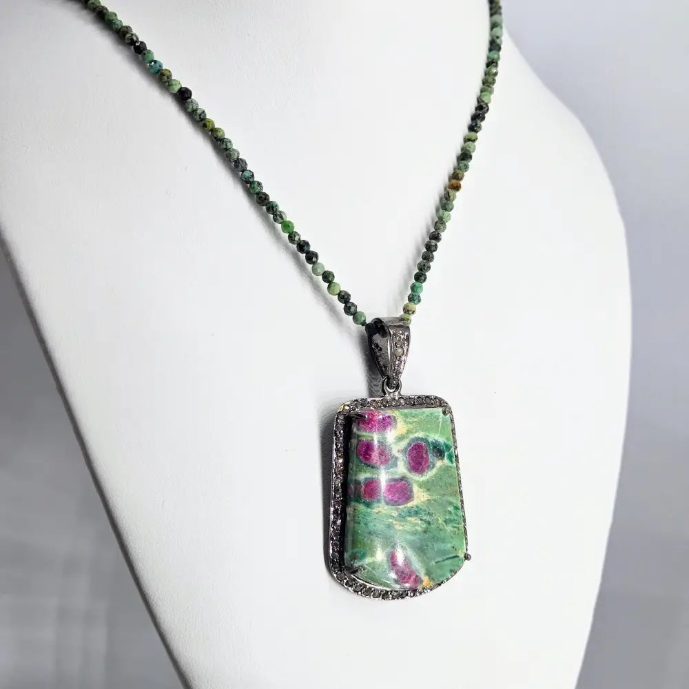 ?MAgic Pendant’ Pendant Necklace - Ruby Fuchsite Diamonds Oxidized Sterling Green Turquoise Gem Strand