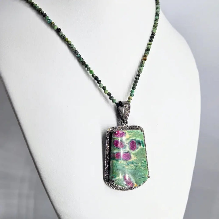 ?MAgic Pendant’ Pendant Necklace - Ruby Fuchsite Diamonds Oxidized Sterling Green Turquoise Gem Strand