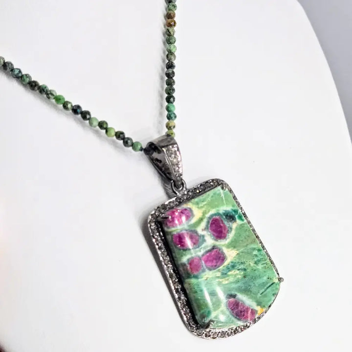 ?MAgic Pendant’ Pendant Necklace - Ruby Fuchsite Diamonds Oxidized Sterling Green Turquoise Gem Strand