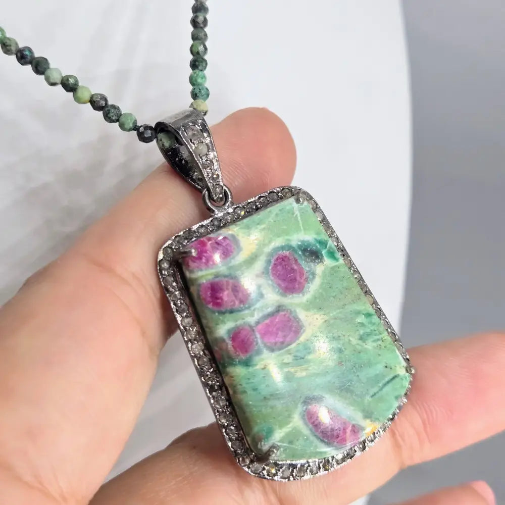 ?MAgic Pendant’ Pendant Necklace - Ruby Fuchsite Diamonds Oxidized Sterling Green Turquoise Gem Strand