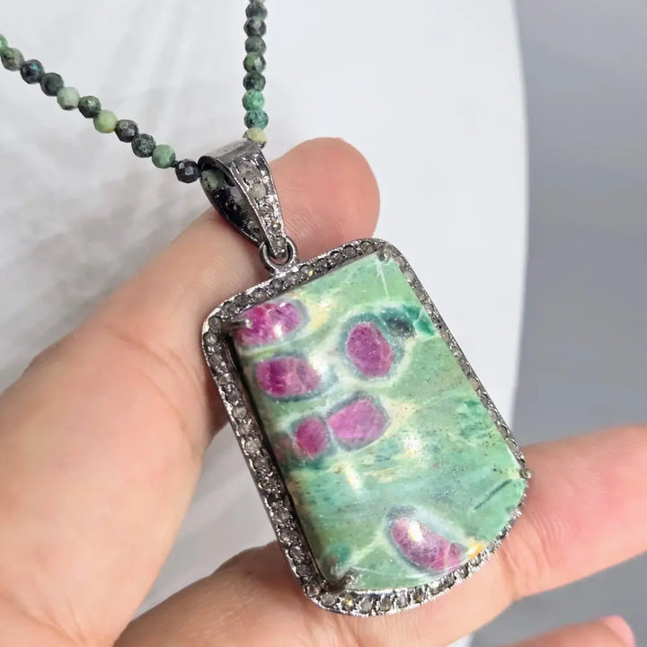 ?MAgic Pendant’ Pendant Necklace - Ruby Fuchsite Diamonds Oxidized Sterling Green Turquoise Gem Strand