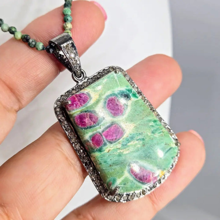 ?MAgic Pendant’ Pendant Necklace - Ruby Fuchsite Diamonds Oxidized Sterling Green Turquoise Gem Strand