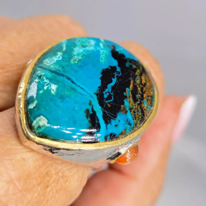 ?MAgical Morenci’ Sz 9 Ring - Morenci Turquoise Sunstone Anti-tarnish Sterling 18k Gold