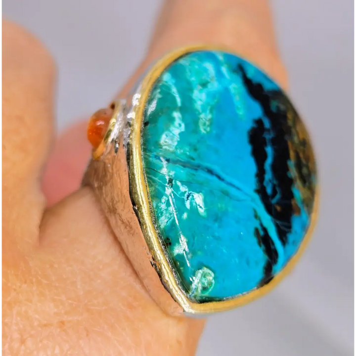 ?MAgical Morenci’ Sz 9 Ring - Morenci Turquoise Sunstone Anti-tarnish Sterling 18k Gold