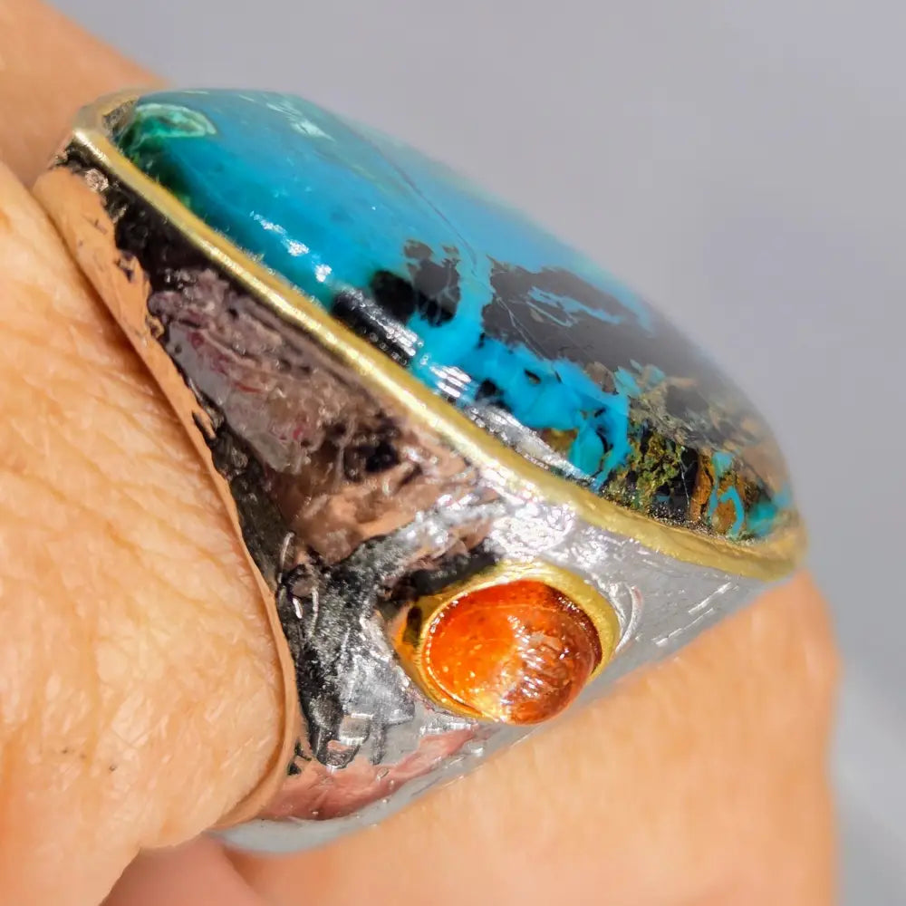 ?MAgical Morenci’ Sz 9 Ring - Morenci Turquoise Sunstone Anti-tarnish Sterling 18k Gold