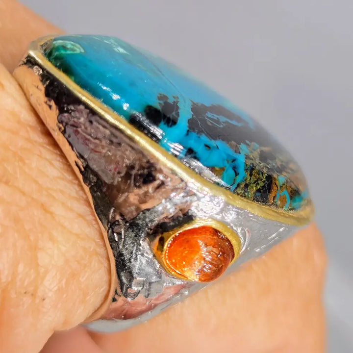 ?MAgical Morenci’ Sz 9 Ring - Morenci Turquoise Sunstone Anti-tarnish Sterling 18k Gold