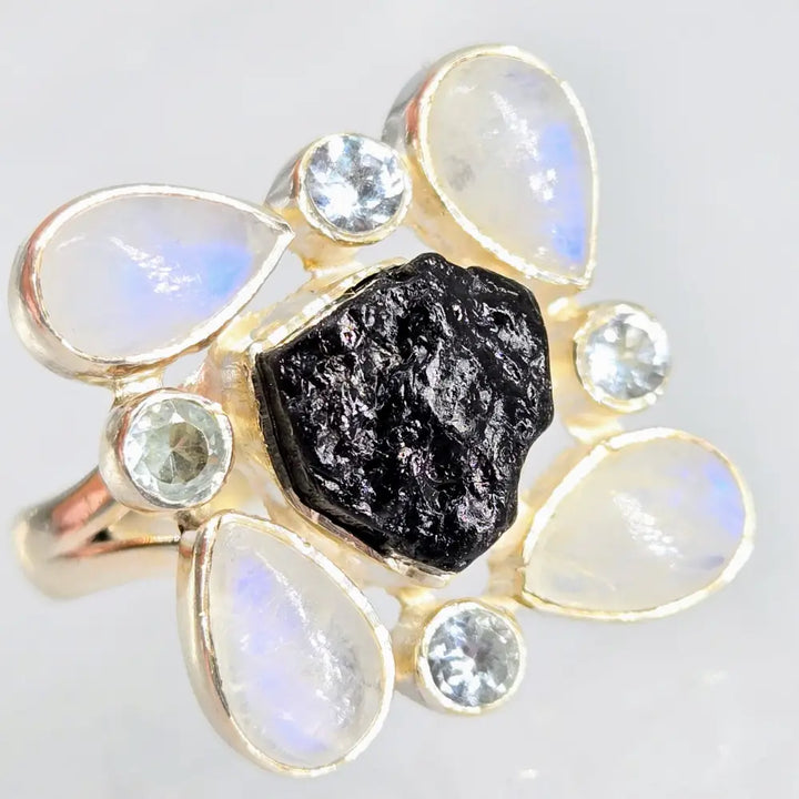 ?MAny Moons’ (raw) Sz 7.5 Ring - Moonstone Topaz Tourmaline Sterling