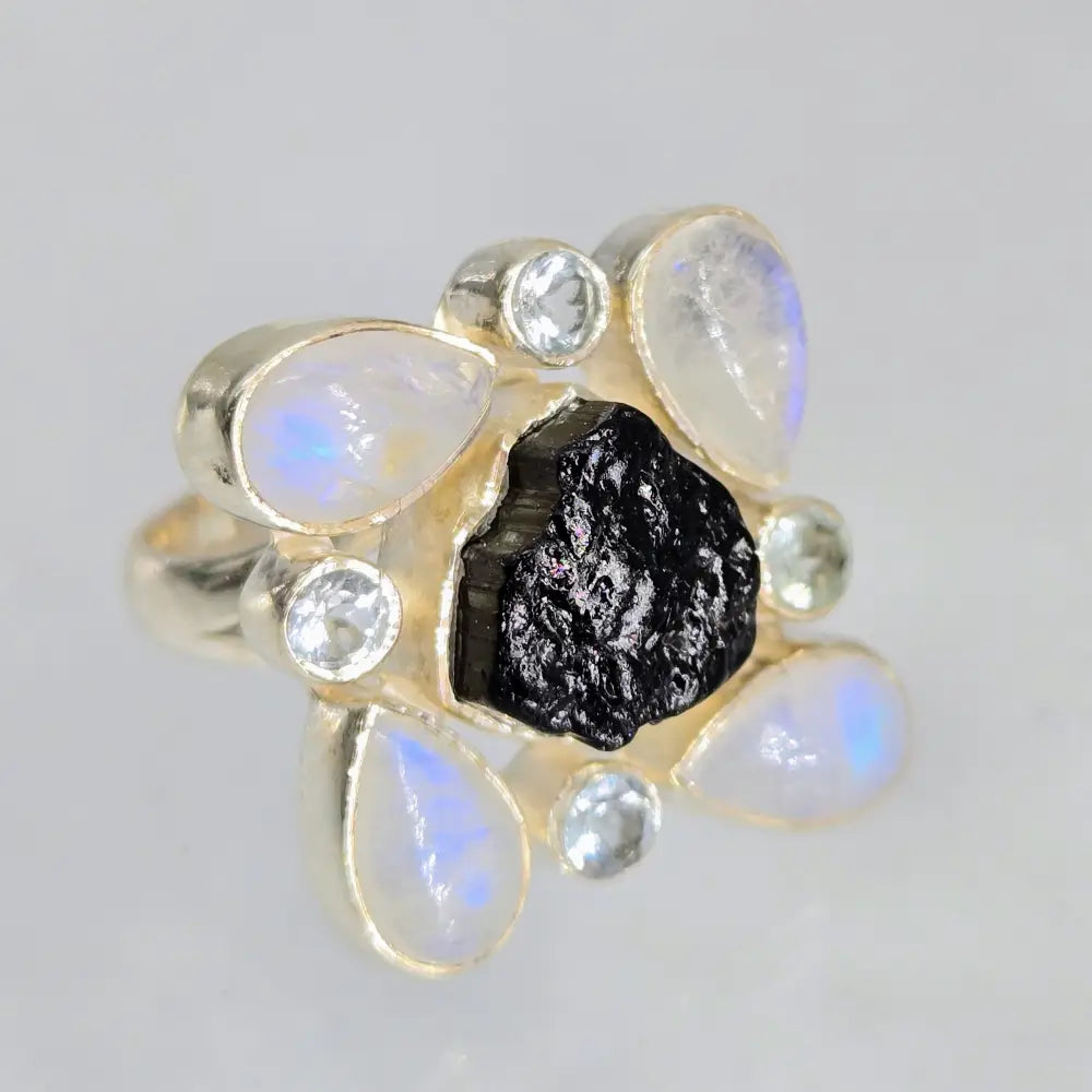 ?MAny Moons’ (raw) Sz 7.5 Ring - Moonstone Topaz Tourmaline Sterling