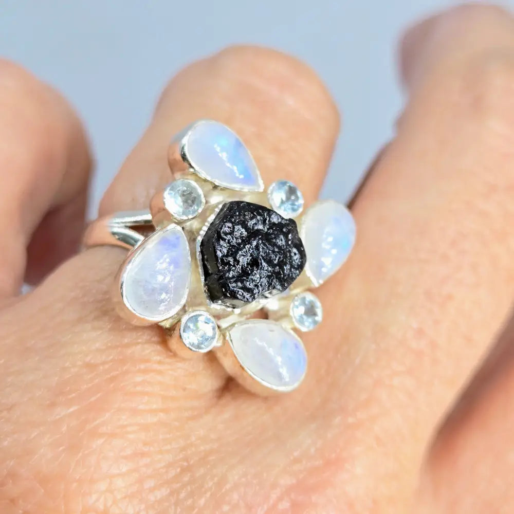 ?MAny Moons’ (raw) Sz 7.5 Ring - Moonstone Topaz Tourmaline Sterling