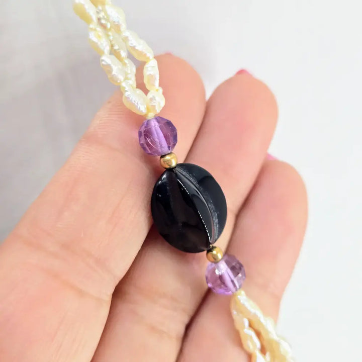 ?MAvis’ 32’’ Necklace - Keshi Pearls Amethyst Onyx 14k Gold Enhancer Clip