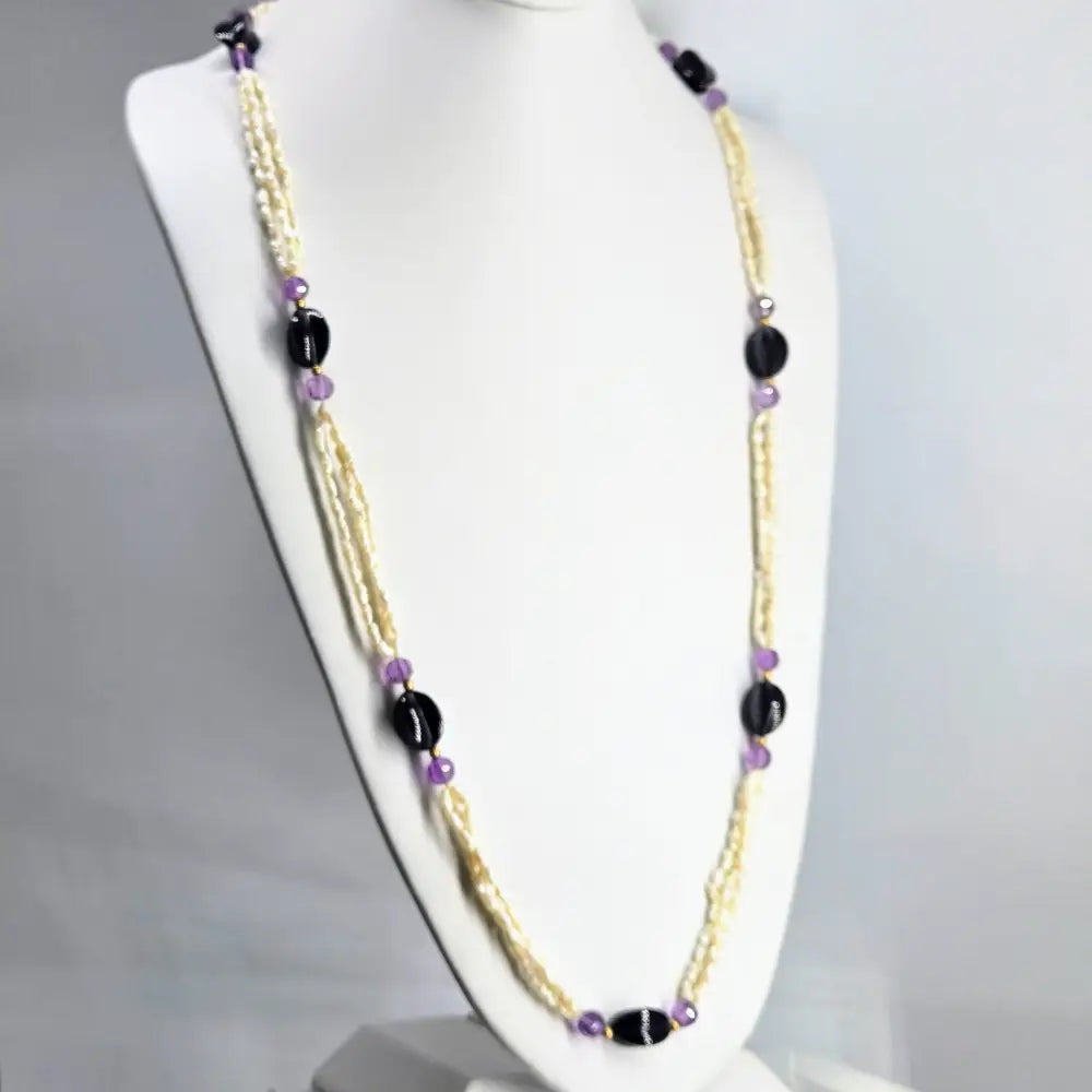 ?MAvis’ 32’’ Necklace - Keshi Pearls Amethyst Onyx 14k Gold Enhancer Clip