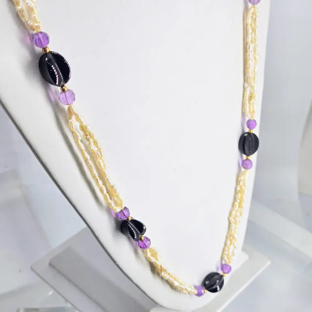 ?MAvis’ 32’’ Necklace - Keshi Pearls Amethyst Onyx 14k Gold Enhancer Clip