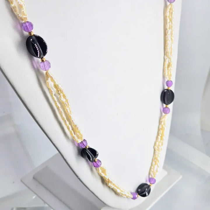 ?MAvis’ 32’’ Necklace - Keshi Pearls Amethyst Onyx 14k Gold Enhancer Clip
