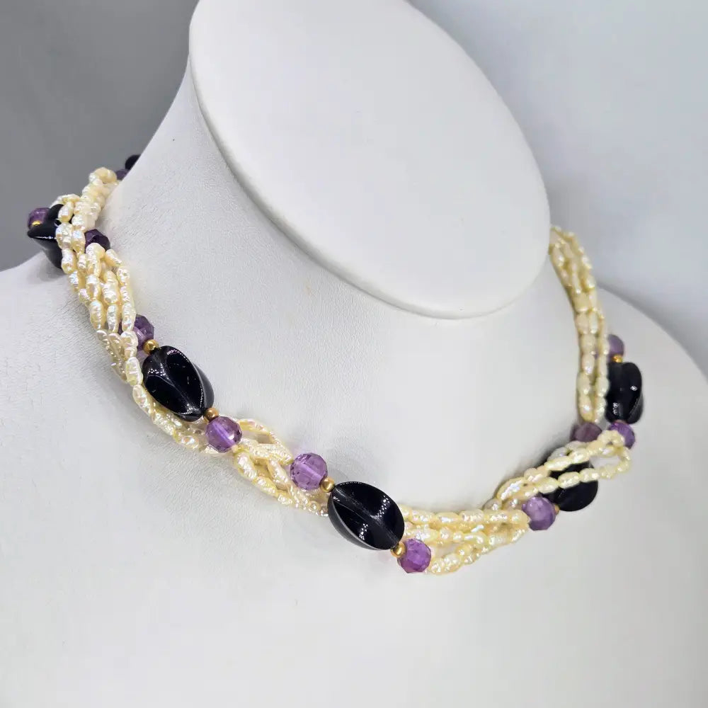 ?MAvis’ 32’’ Necklace - Keshi Pearls Amethyst Onyx 14k Gold Enhancer Clip