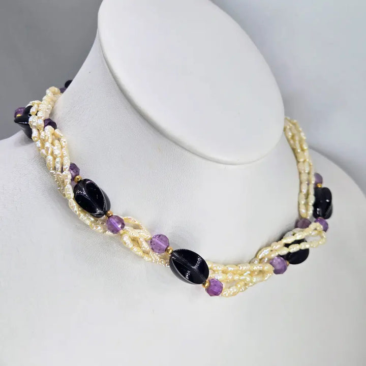 ?MAvis’ 32’’ Necklace - Keshi Pearls Amethyst Onyx 14k Gold Enhancer Clip