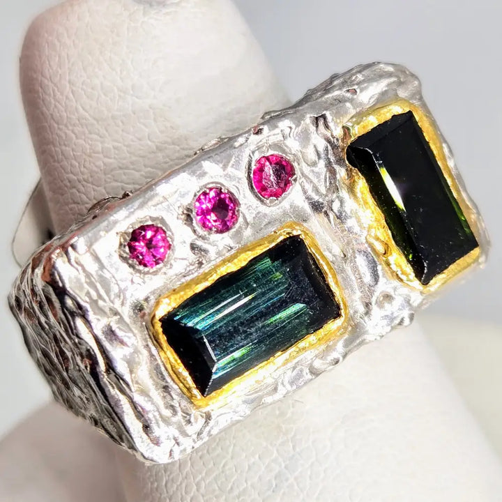 ?MId-mod Magic’ Sz 7 Ring - Pink & Green Tourmaline Sterling 18k Gold