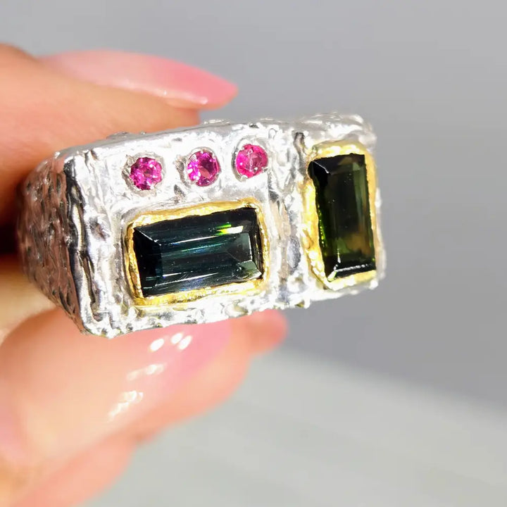 ?MId-mod Magic’ Sz 7 Ring - Pink & Green Tourmaline Sterling 18k Gold