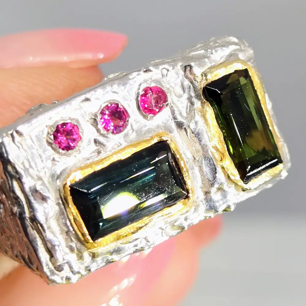 ?MId-mod Magic’ Sz 7 Ring - Pink & Green Tourmaline Sterling 18k Gold