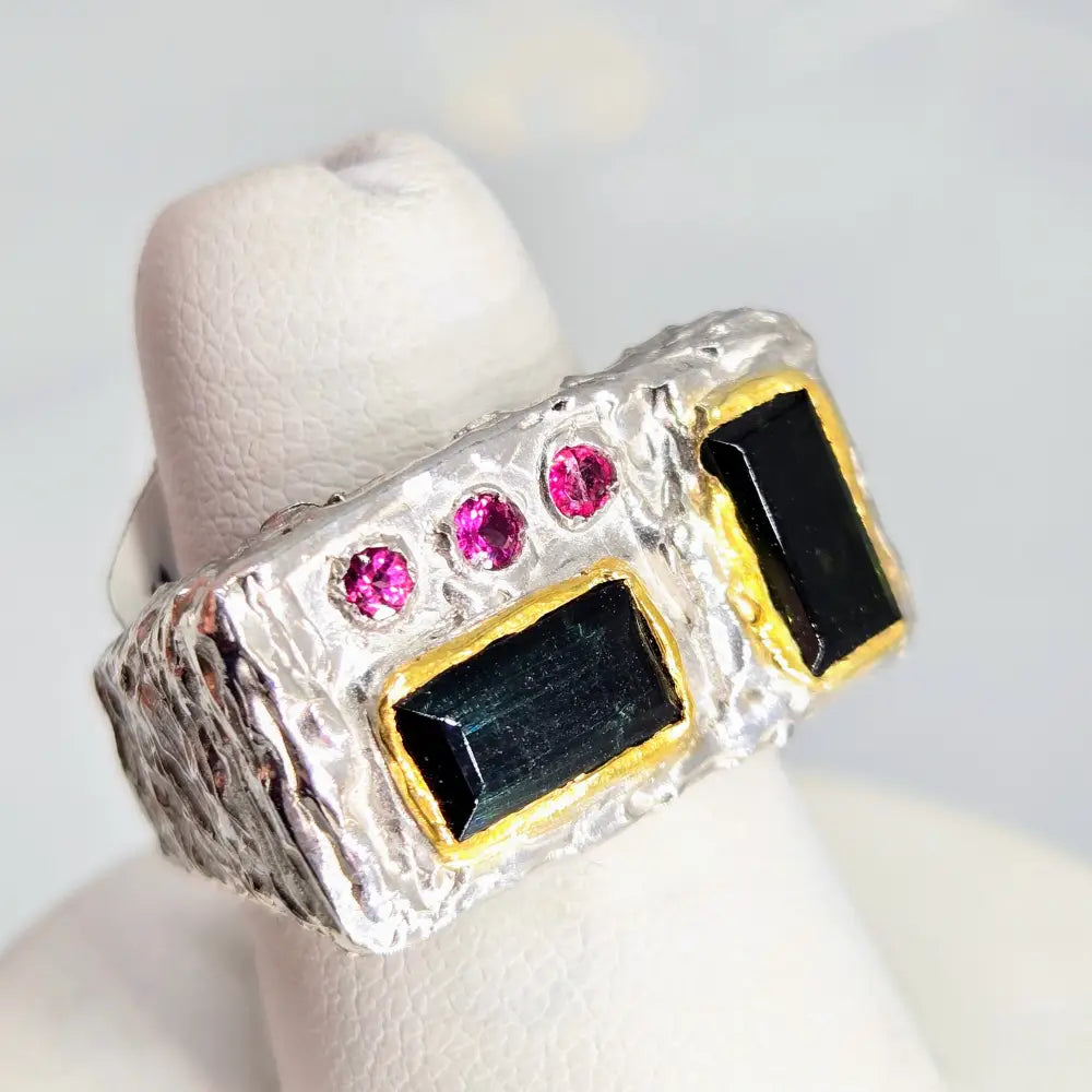 ?MId-mod Magic’ Sz 7 Ring - Pink & Green Tourmaline Sterling 18k Gold