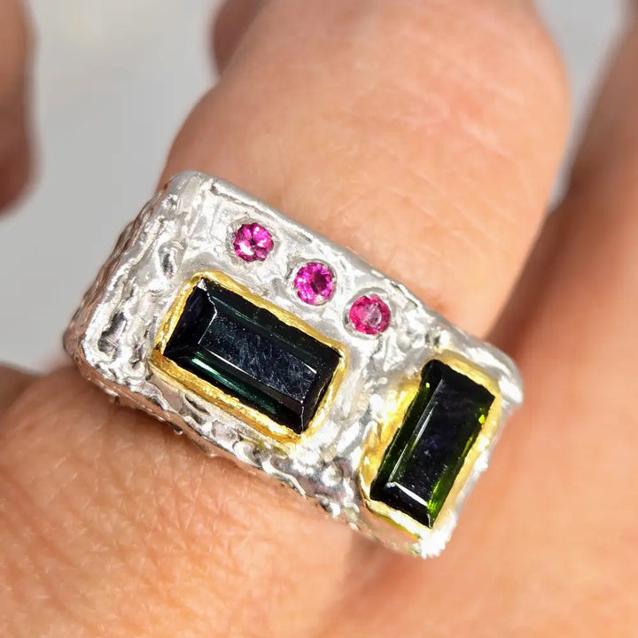 ?MId-mod Magic’ Sz 7 Ring - Pink & Green Tourmaline Sterling 18k Gold