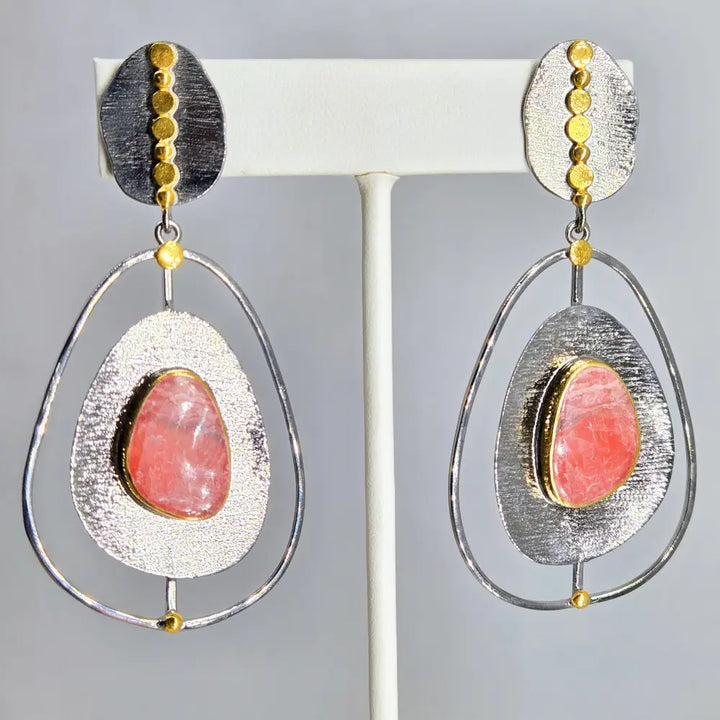 ?MId-mod Pink’ 2.75’’ Earrings - Rhodochrosite Black Sterling 18k