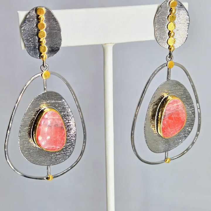 ?MId-mod Pink’ 2.75’’ Earrings - Rhodochrosite Black Sterling 18k
