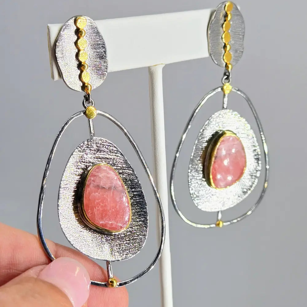 ?MId-mod Pink’ 2.75’’ Earrings - Rhodochrosite Black Sterling 18k