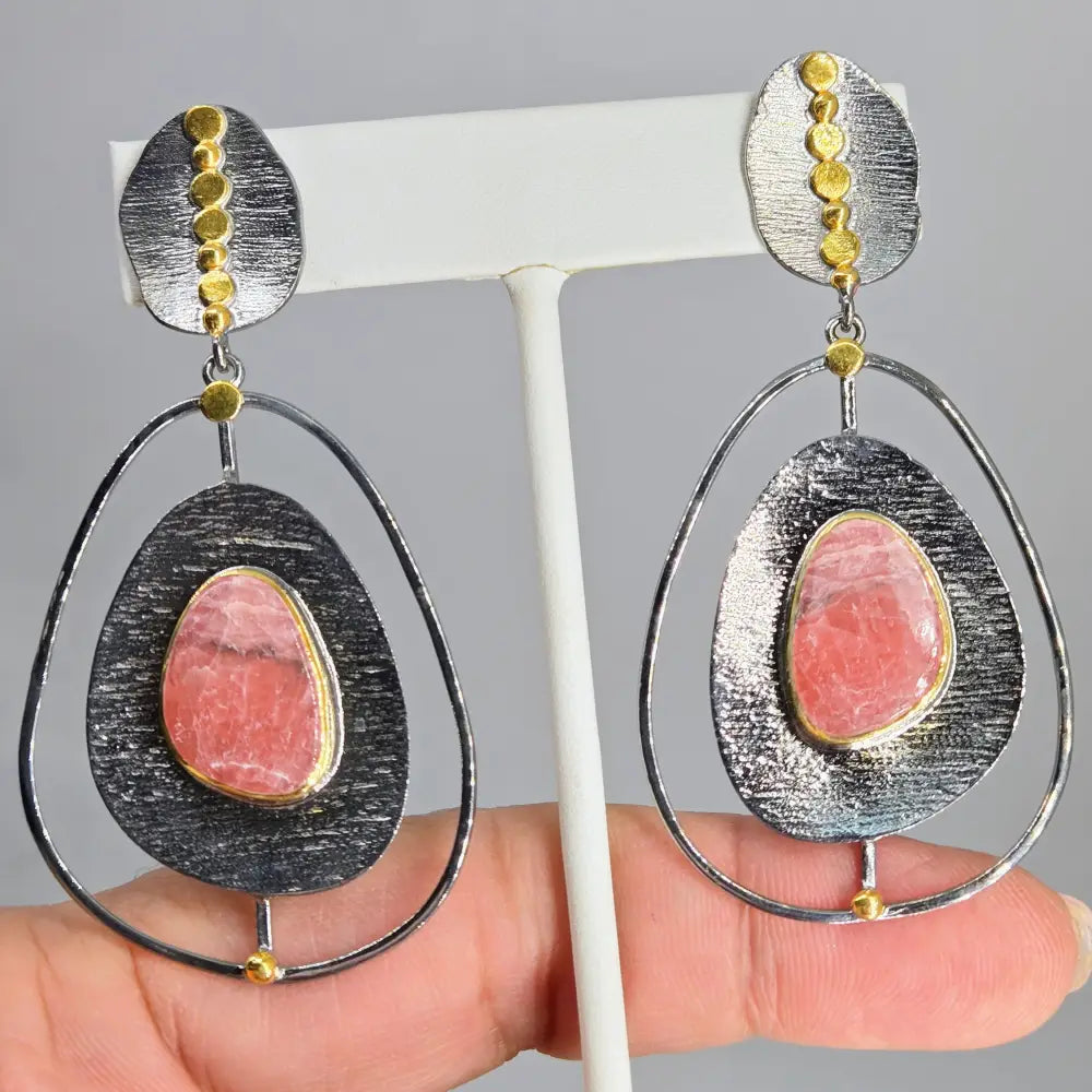 ?MId-mod Pink’ 2.75’’ Earrings - Rhodochrosite Black Sterling 18k