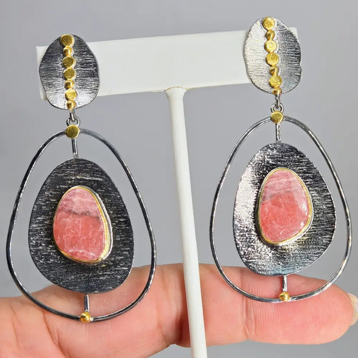 ?MId-mod Pink’ 2.75’’ Earrings - Rhodochrosite Black Sterling 18k