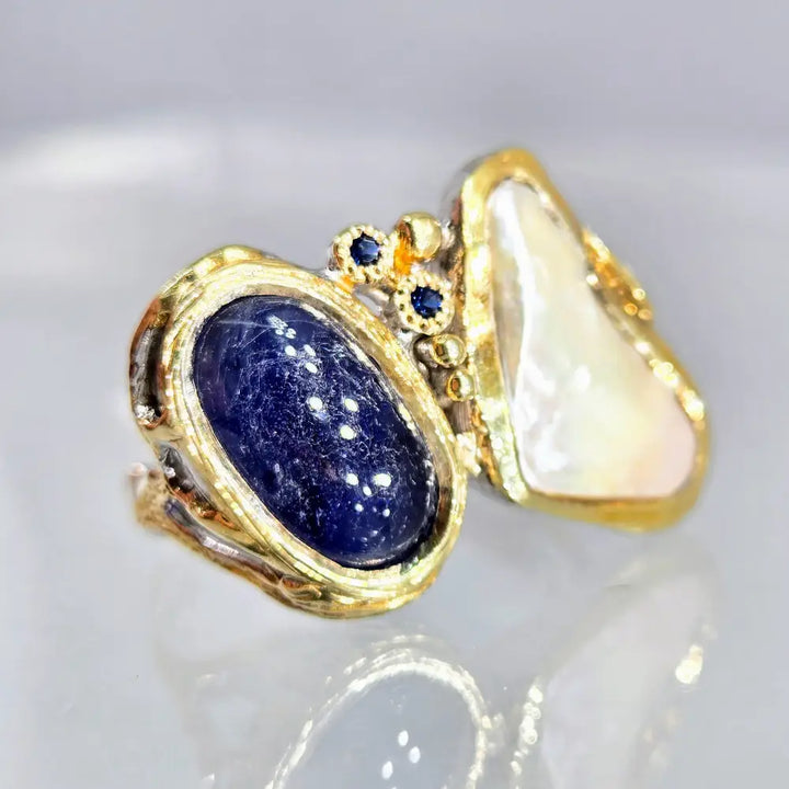 ?MIdnight Ocean’ Sz 7.25 Ring - Sapphire Pearl Sterling 18k Gold