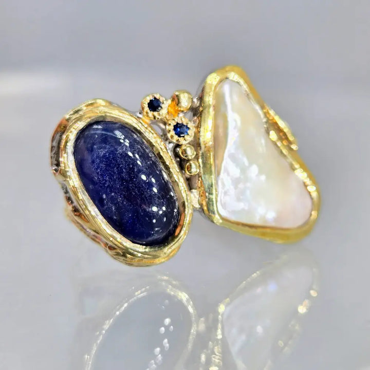 ?MIdnight Ocean’ Sz 7.25 Ring - Sapphire Pearl Sterling 18k Gold