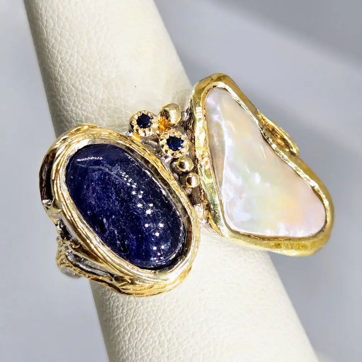 ?MIdnight Ocean’ Sz 7.25 Ring - Sapphire Pearl Sterling 18k Gold
