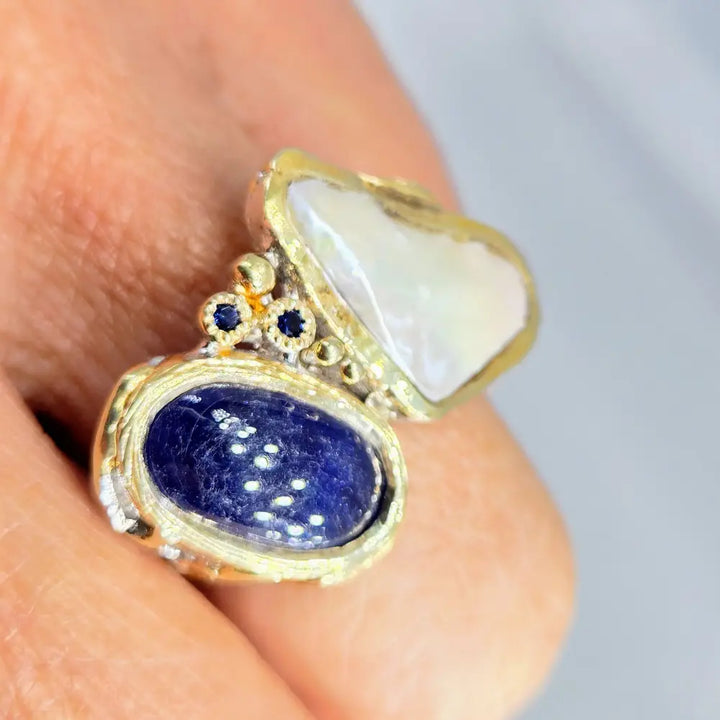 ?MIdnight Ocean’ Sz 7.25 Ring - Sapphire Pearl Sterling 18k Gold