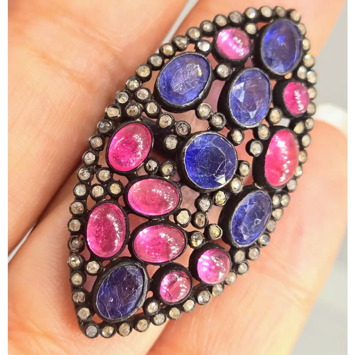 ?MIdnight Orchid’ Sz 6 Ring - Tanzanite Ruby Diamonds Black Sterling