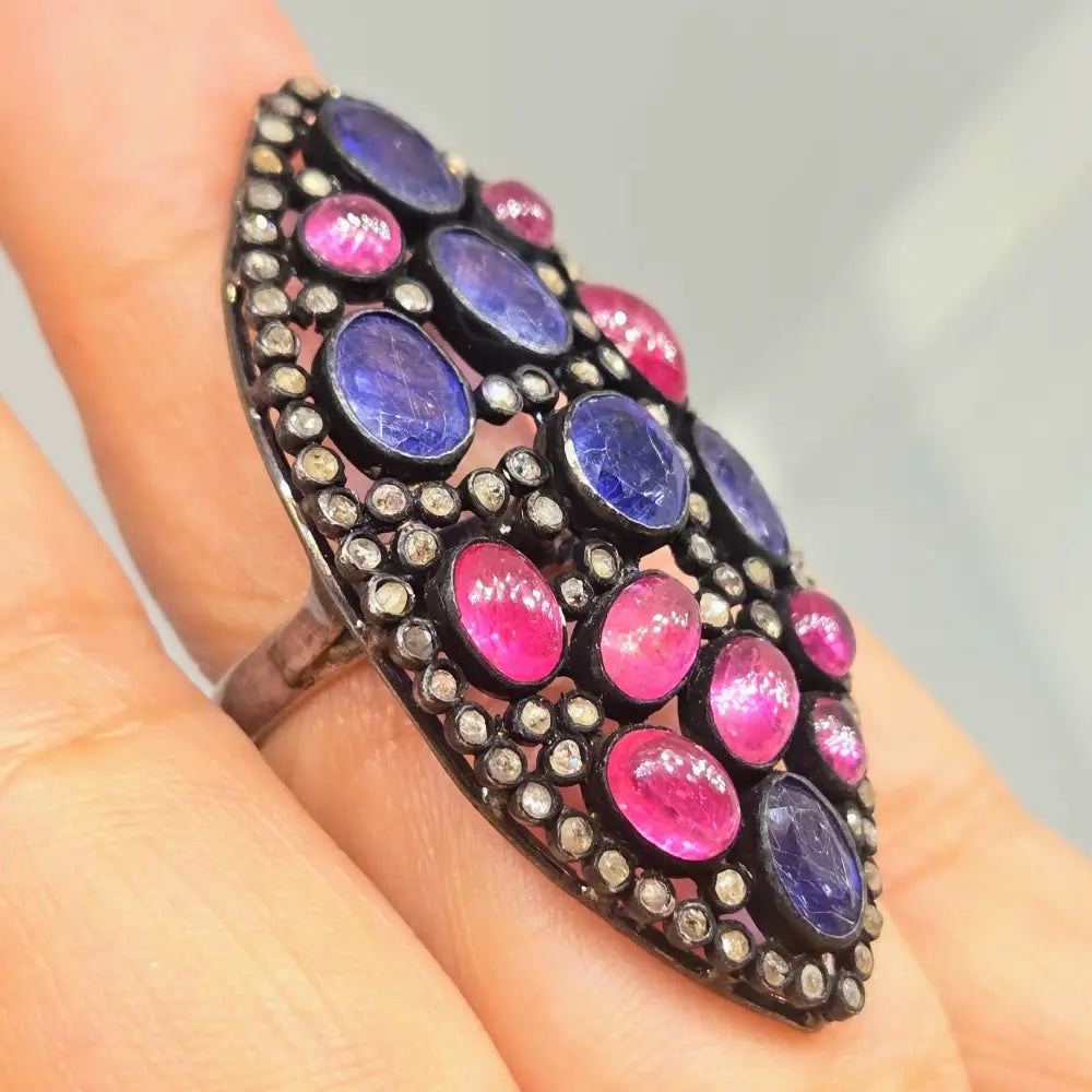 ?MIdnight Orchid’ Sz 6 Ring - Tanzanite Ruby Diamonds Black Sterling