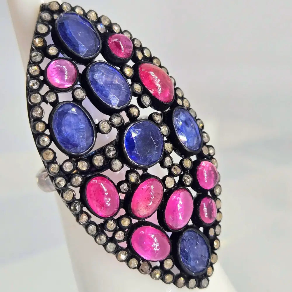 ?MIdnight Orchid’ Sz 6 Ring - Tanzanite Ruby Diamonds Black Sterling