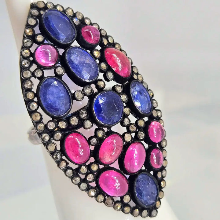 ?MIdnight Orchid’ Sz 6 Ring - Tanzanite Ruby Diamonds Black Sterling
